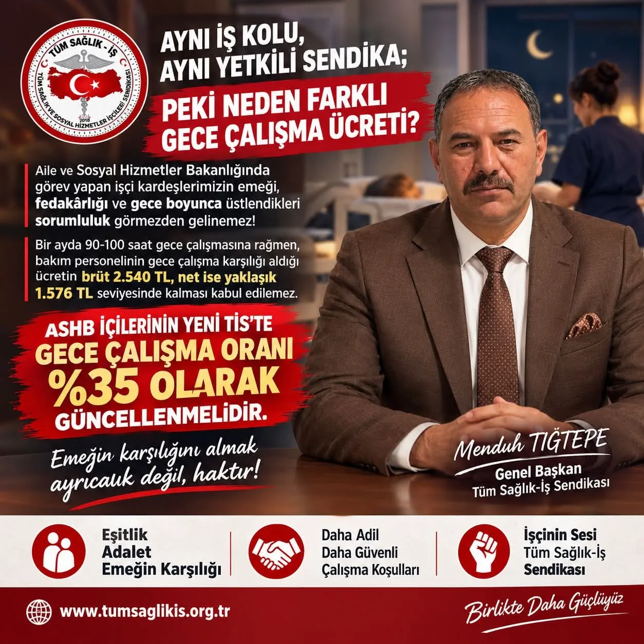 Gece mesai ücretlerinde değişiklik istiyorum diyen Tığtepe, yüzde 35’lik toplu sözleşme hedefliyor
